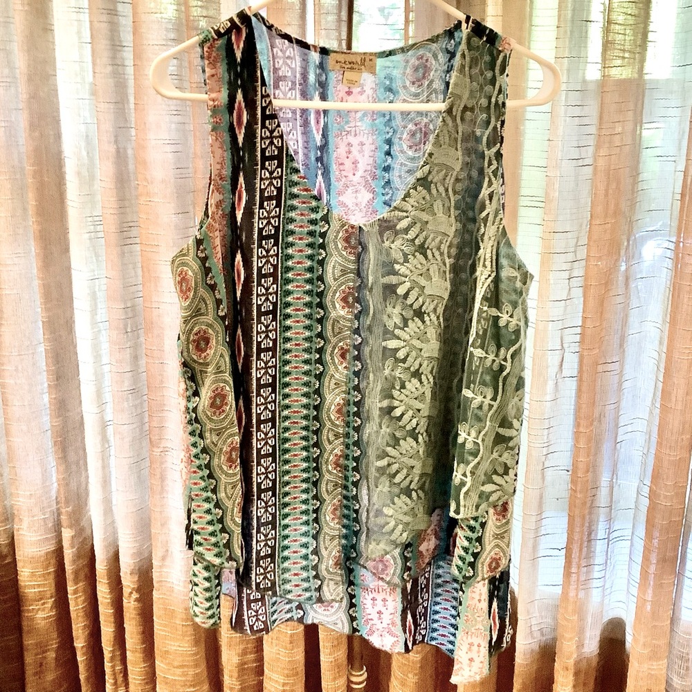 One World sleeveless top blouse tank layered sheer fabric Large